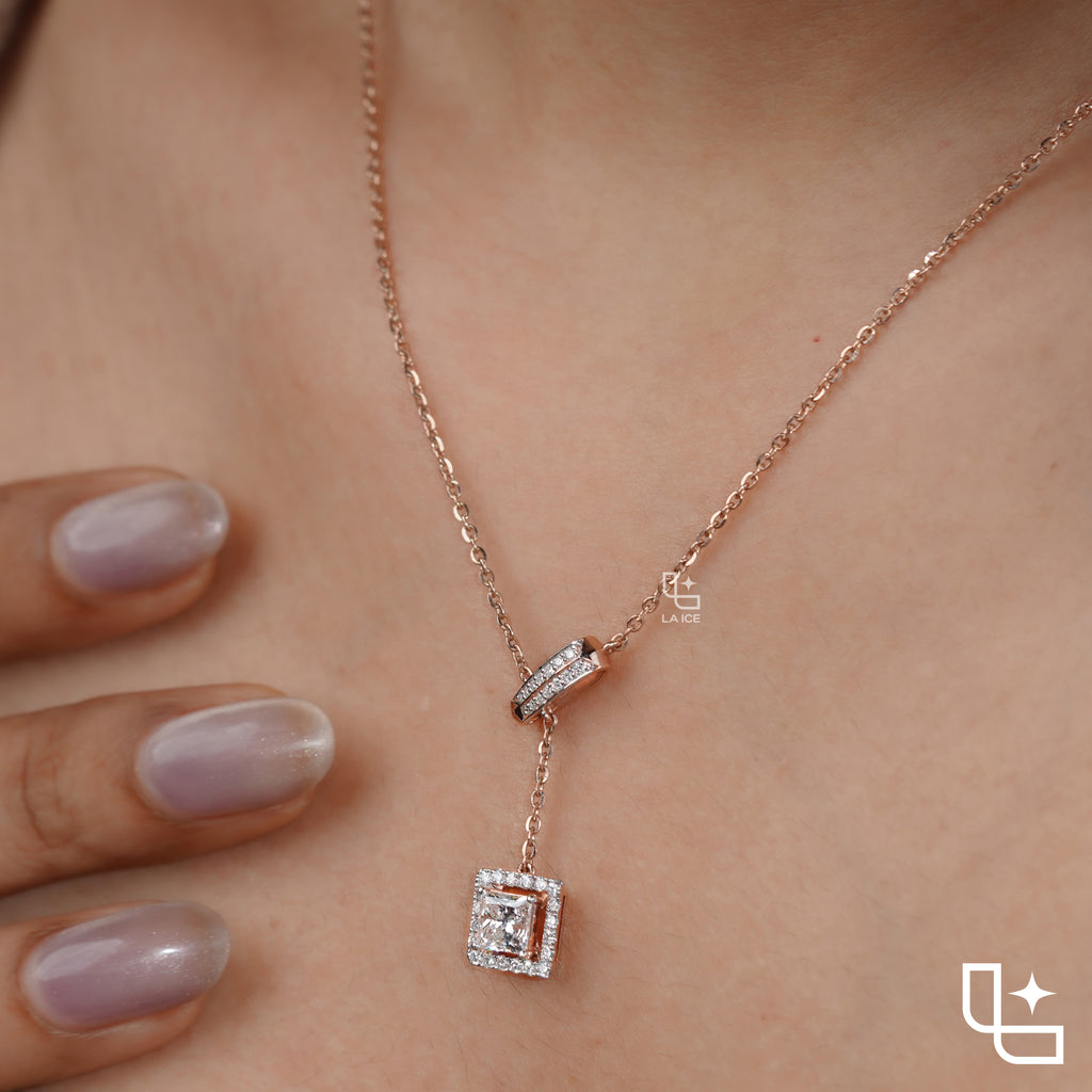 Emerald Cut Halo Drop Necklace with Diamond Sliding Bar Detail