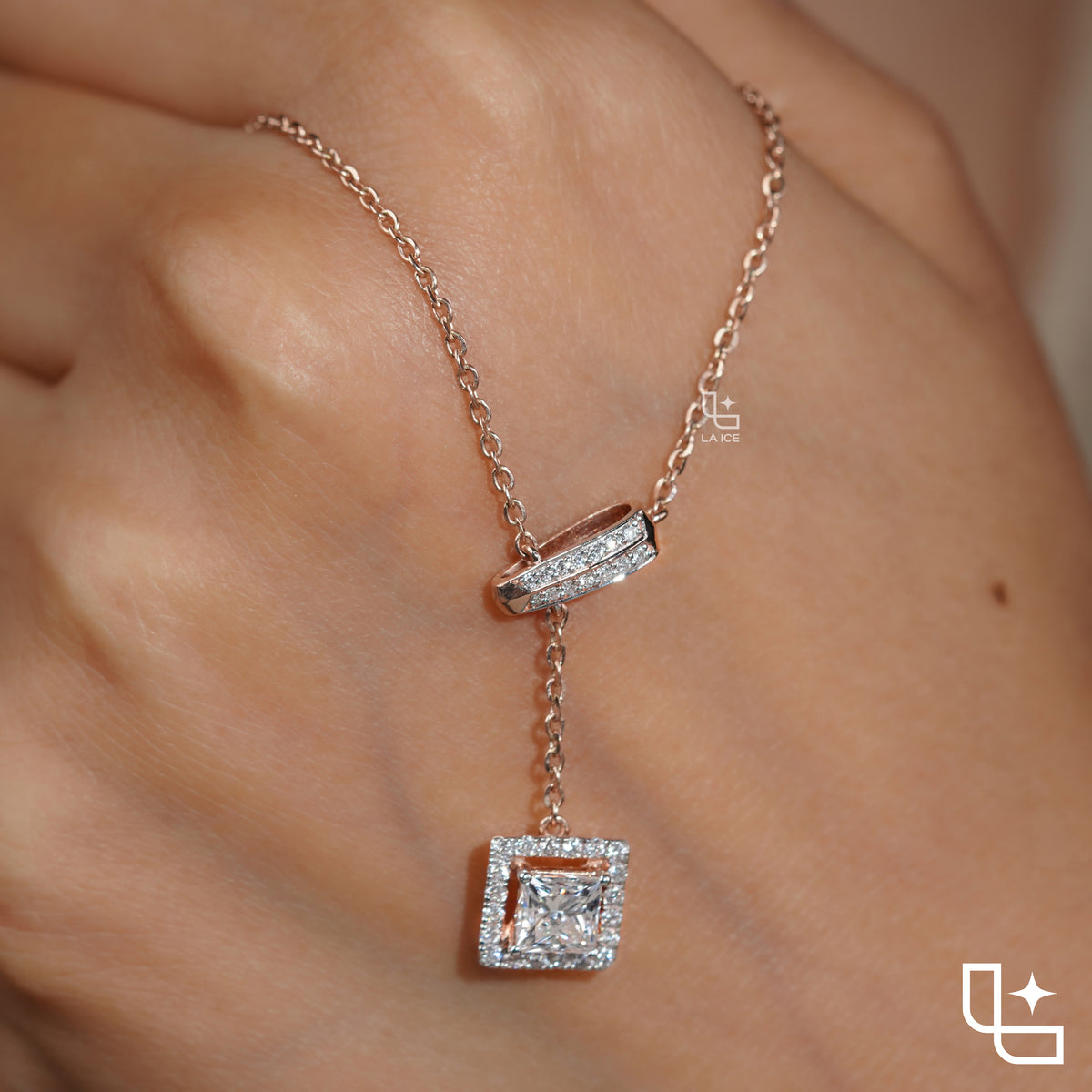 Emerald Cut Halo Drop Necklace with Diamond Sliding Bar Detail
