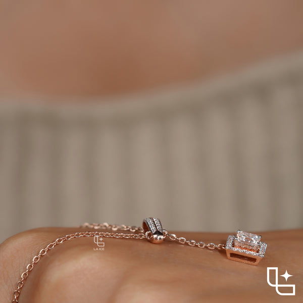 Emerald Cut Halo Drop Necklace with Diamond Sliding Bar Detail