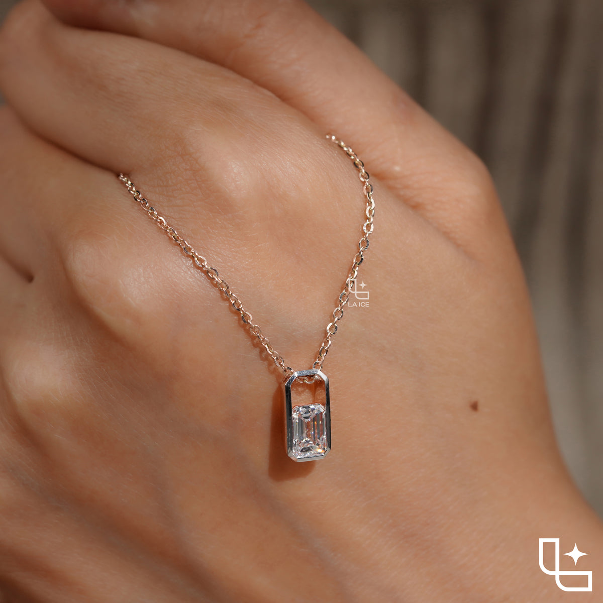 Emerald Cut Solitaire Pendant Necklace – Rose Gold Diamond Pendant | Modern Bezel Set Diamond Necklace for Women