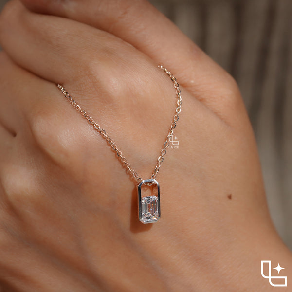 Emerald Cut Solitaire Pendant Necklace – Rose Gold Diamond Pendant | Modern Bezel Set Diamond Necklace for Women