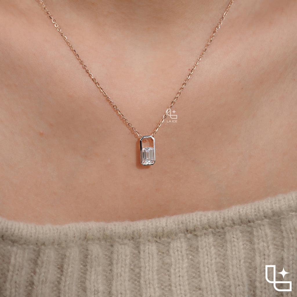 Emerald Cut Solitaire Pendant Necklace – Rose Gold Diamond Pendant | Modern Bezel Set Diamond Necklace for Women