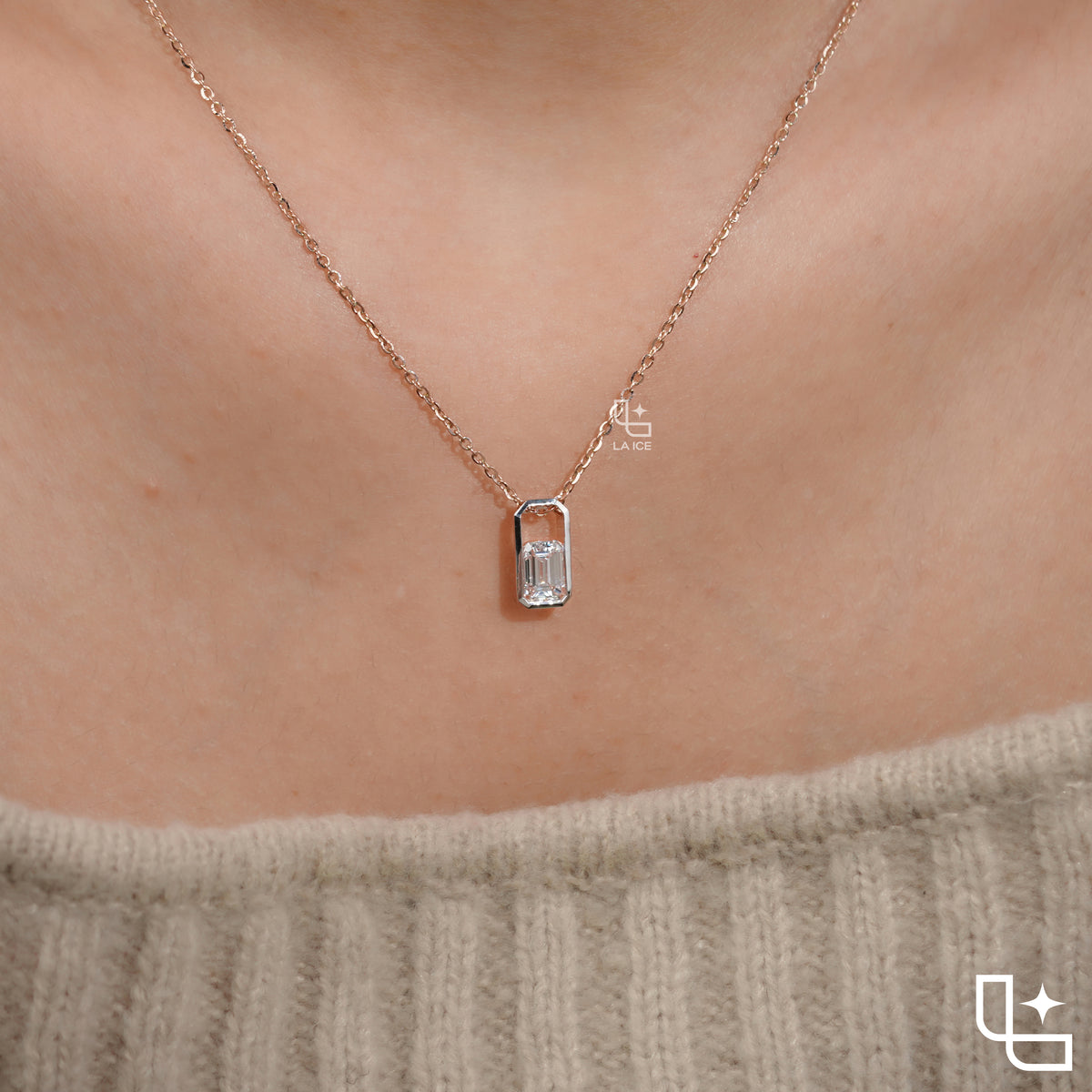 Emerald Cut Solitaire Pendant Necklace – Rose Gold Diamond Pendant | Modern Bezel Set Diamond Necklace for Women