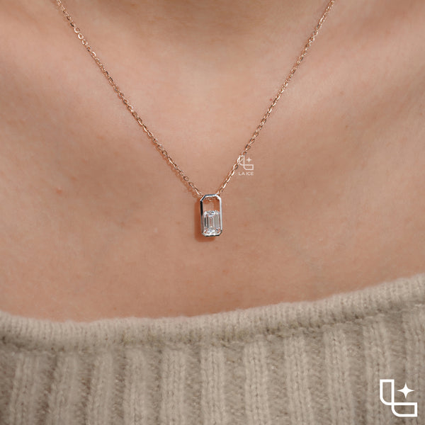 Emerald Cut Solitaire Pendant Necklace – Rose Gold Diamond Pendant | Modern Bezel Set Diamond Necklace for Women