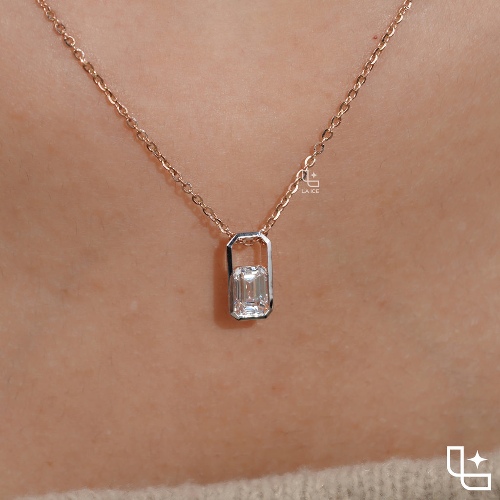Emerald Cut Solitaire Pendant Necklace – Rose Gold Diamond Pendant | Modern Bezel Set Diamond Necklace for Women