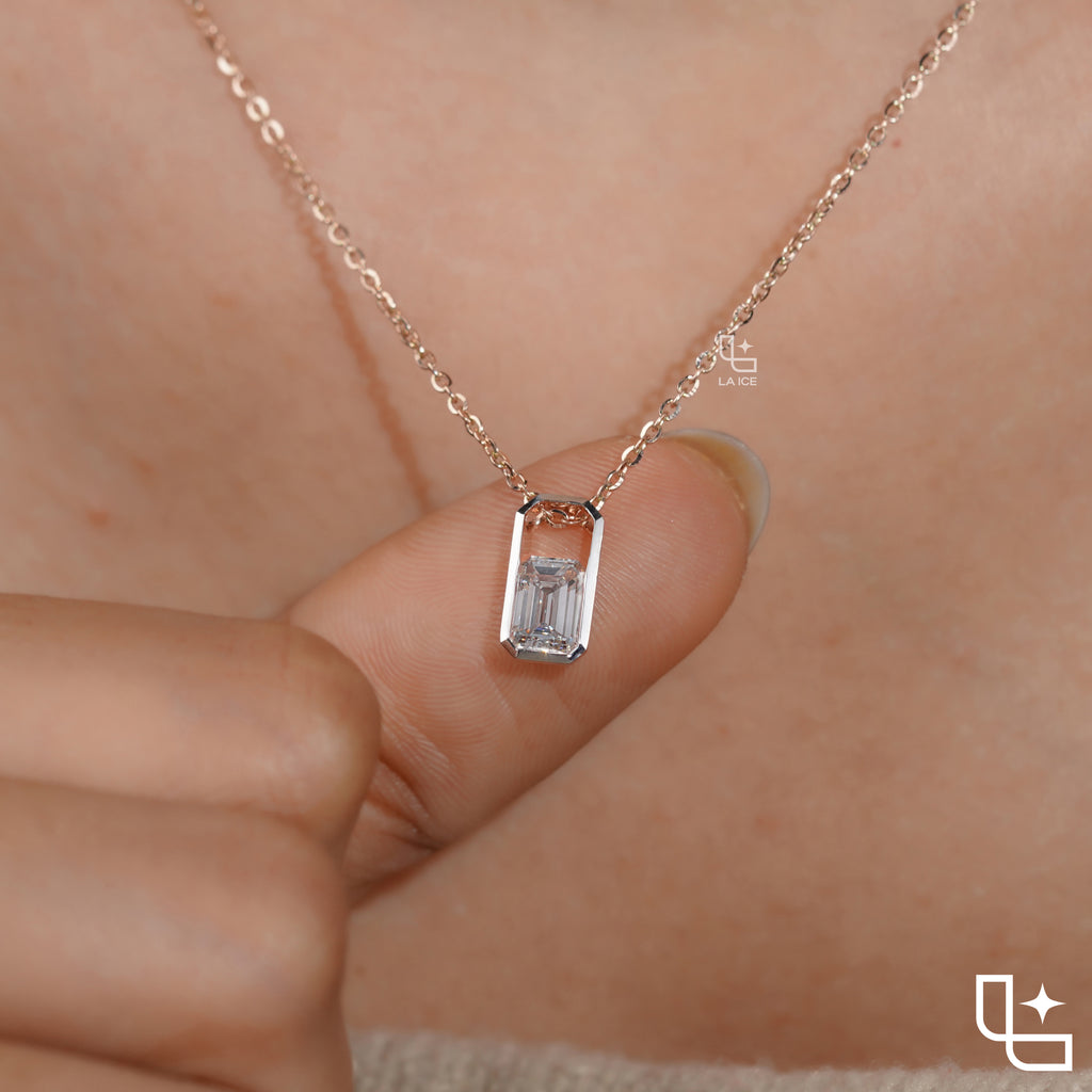 Emerald Cut Solitaire Pendant Necklace – Rose Gold Diamond Pendant | Modern Bezel Set Diamond Necklace for Women