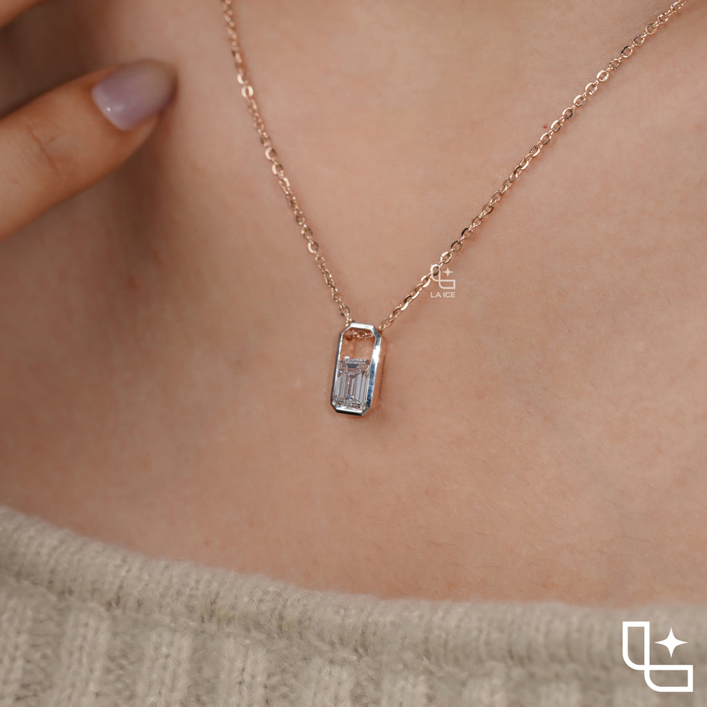 Emerald Cut Solitaire Pendant Necklace – Rose Gold Diamond Pendant | Modern Bezel Set Diamond Necklace for Women