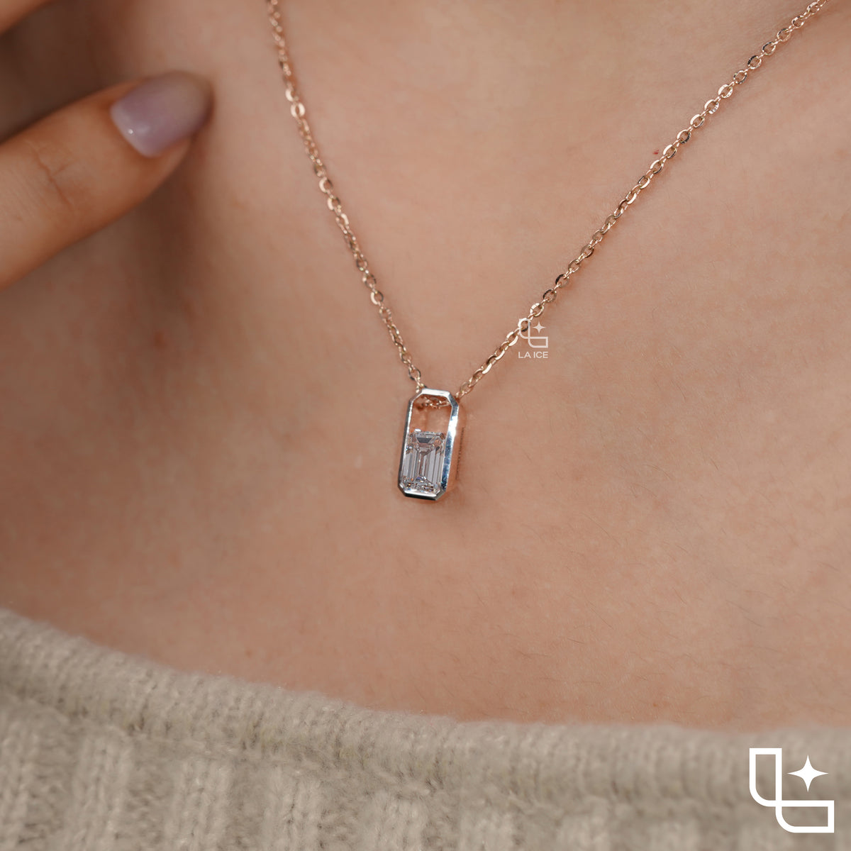 Emerald Cut Solitaire Pendant Necklace – Rose Gold Diamond Pendant | Modern Bezel Set Diamond Necklace for Women