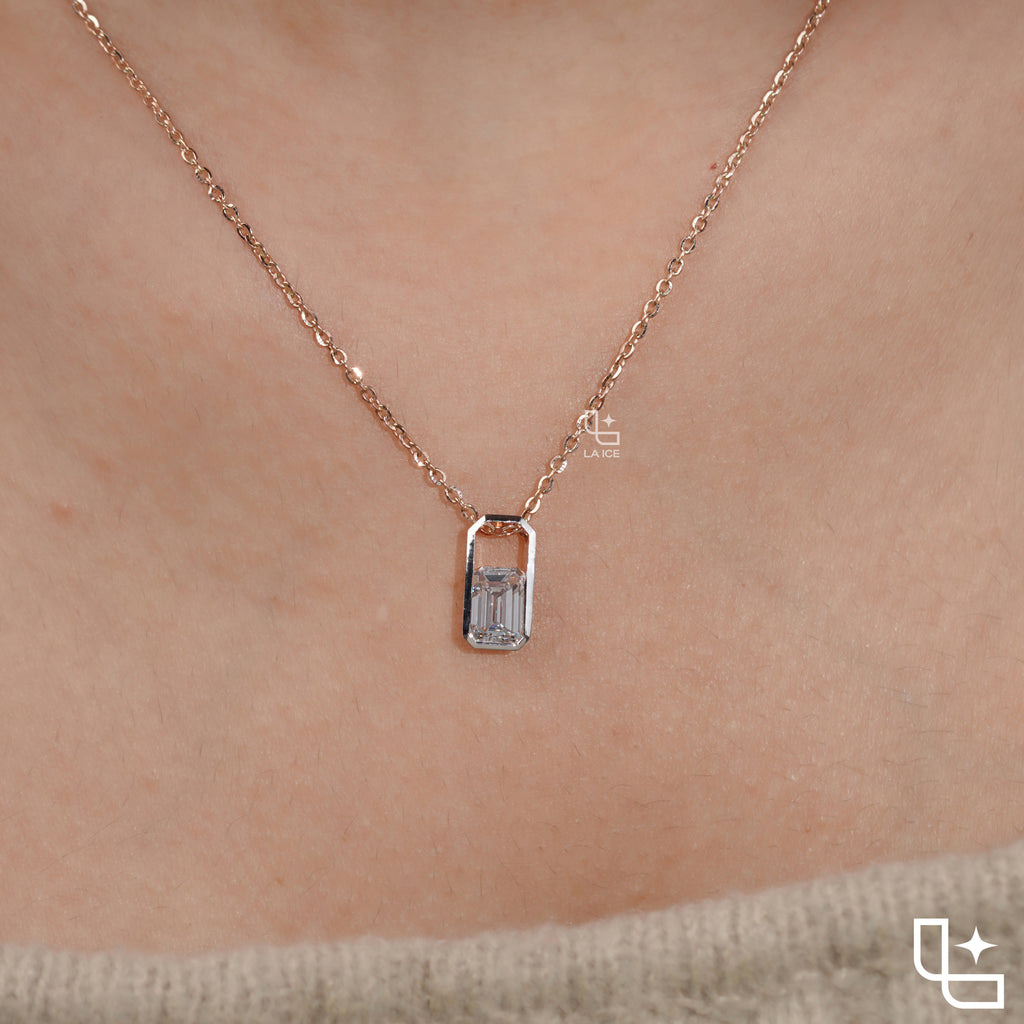 Emerald Cut Solitaire Pendant Necklace – Rose Gold Diamond Pendant | Modern Bezel Set Diamond Necklace for Women