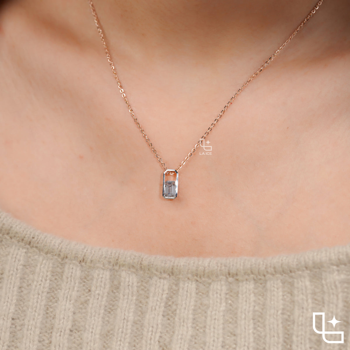 Emerald Cut Solitaire Pendant Necklace – Rose Gold Diamond Pendant | Modern Bezel Set Diamond Necklace for Women Main image