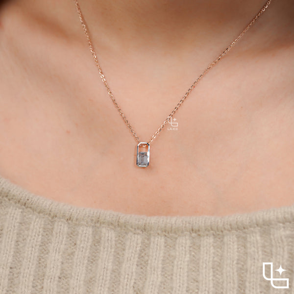 Emerald Cut Solitaire Pendant Necklace – Rose Gold Diamond Pendant | Modern Bezel Set Diamond Necklace for Women