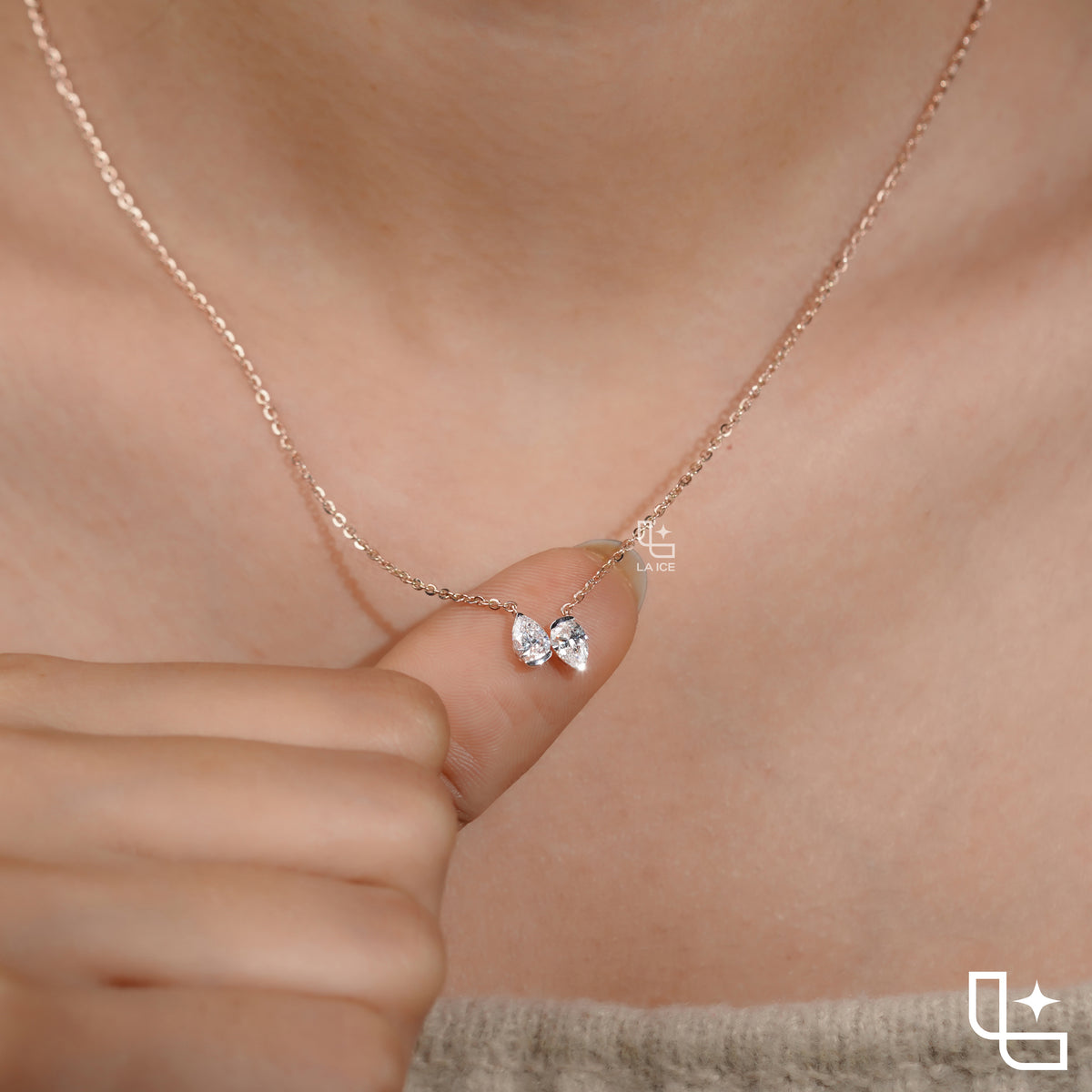 Pear Diamond Duo Pendant Necklace – Rose Gold Diamond Necklace | Modern Two-Stone Pear Diamond Pendant for Women