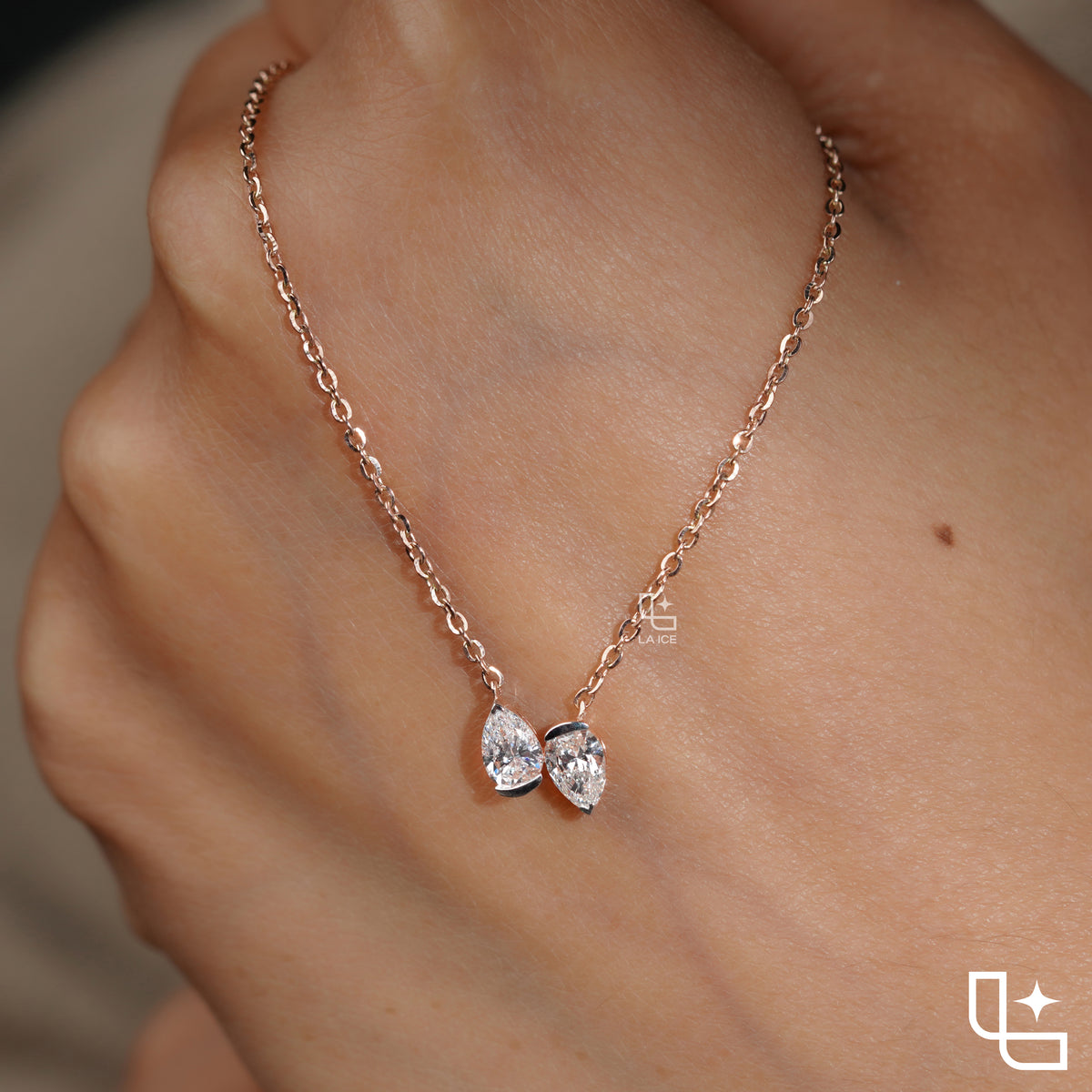 Pear Diamond Duo Pendant Necklace – Rose Gold Diamond Necklace | Modern Two-Stone Pear Diamond Pendant for Women
