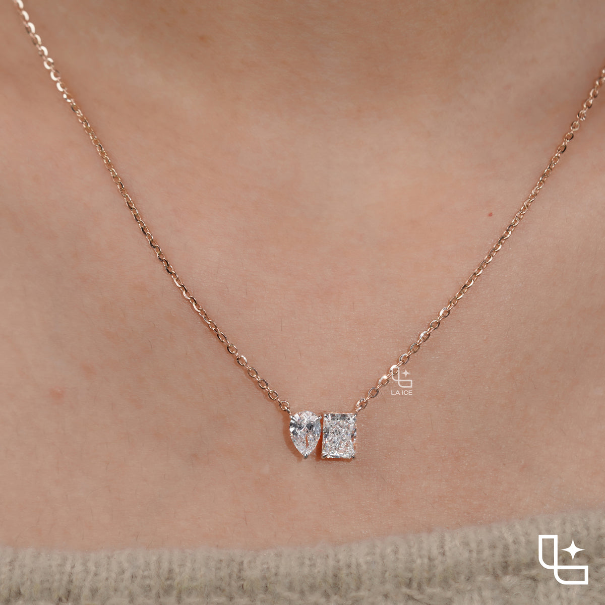 Pear & Radiant Diamond Pendant Necklace – Rose Gold Diamond Necklace | Modern Two-Stone Diamond Pendant for Women