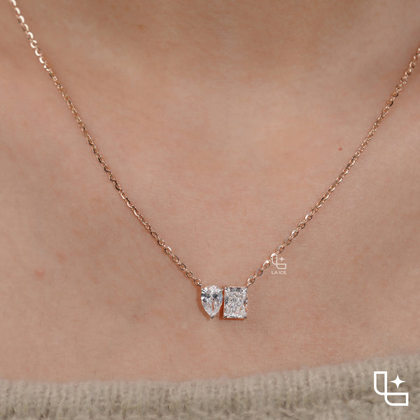 Pear & Radiant Diamond Pendant Necklace – Rose Gold Diamond Necklace | Modern Two-Stone Diamond Pendant for Women