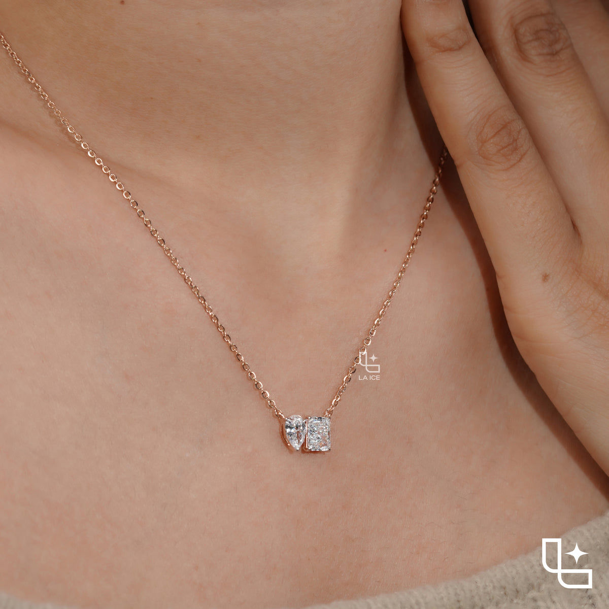 Pear & Radiant Diamond Pendant Necklace – Rose Gold Diamond Necklace | Modern Two-Stone Diamond Pendant for Women