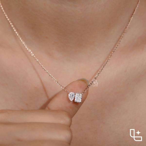 Pear & Radiant Diamond Pendant Necklace – Rose Gold Diamond Necklace | Modern Two-Stone Diamond Pendant for Women