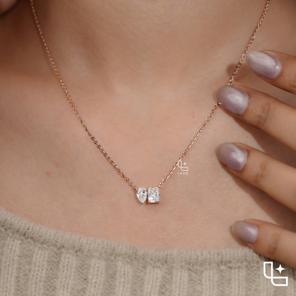 Pear & Radiant Diamond Pendant Necklace – Rose Gold Diamond Necklace | Modern Two-Stone Diamond Pendant for Women