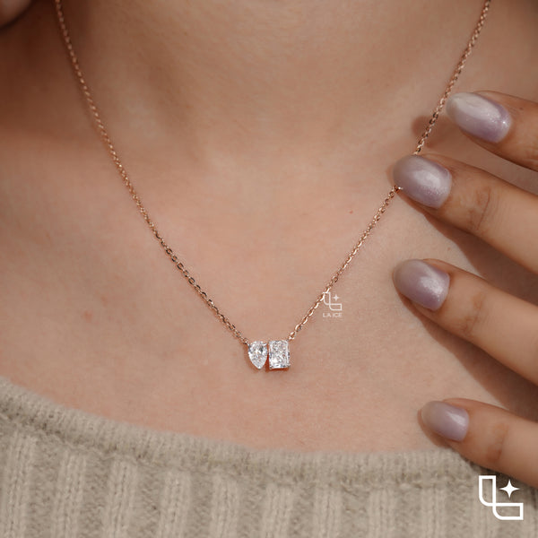 Pear & Radiant Diamond Pendant Necklace – Rose Gold Diamond Necklace | Modern Two-Stone Diamond Pendant for Women