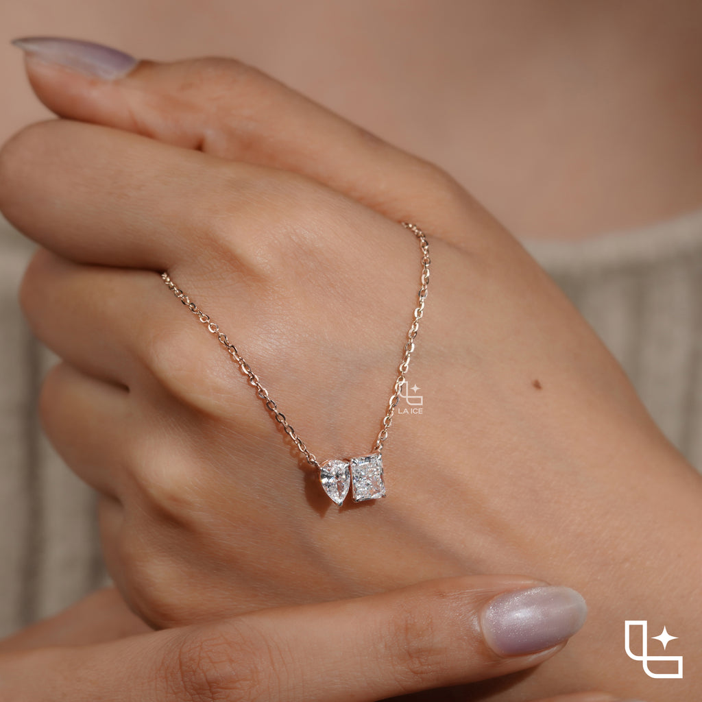 Pear & Radiant Diamond Pendant Necklace – Rose Gold Diamond Necklace | Modern Two-Stone Diamond Pendant for Women