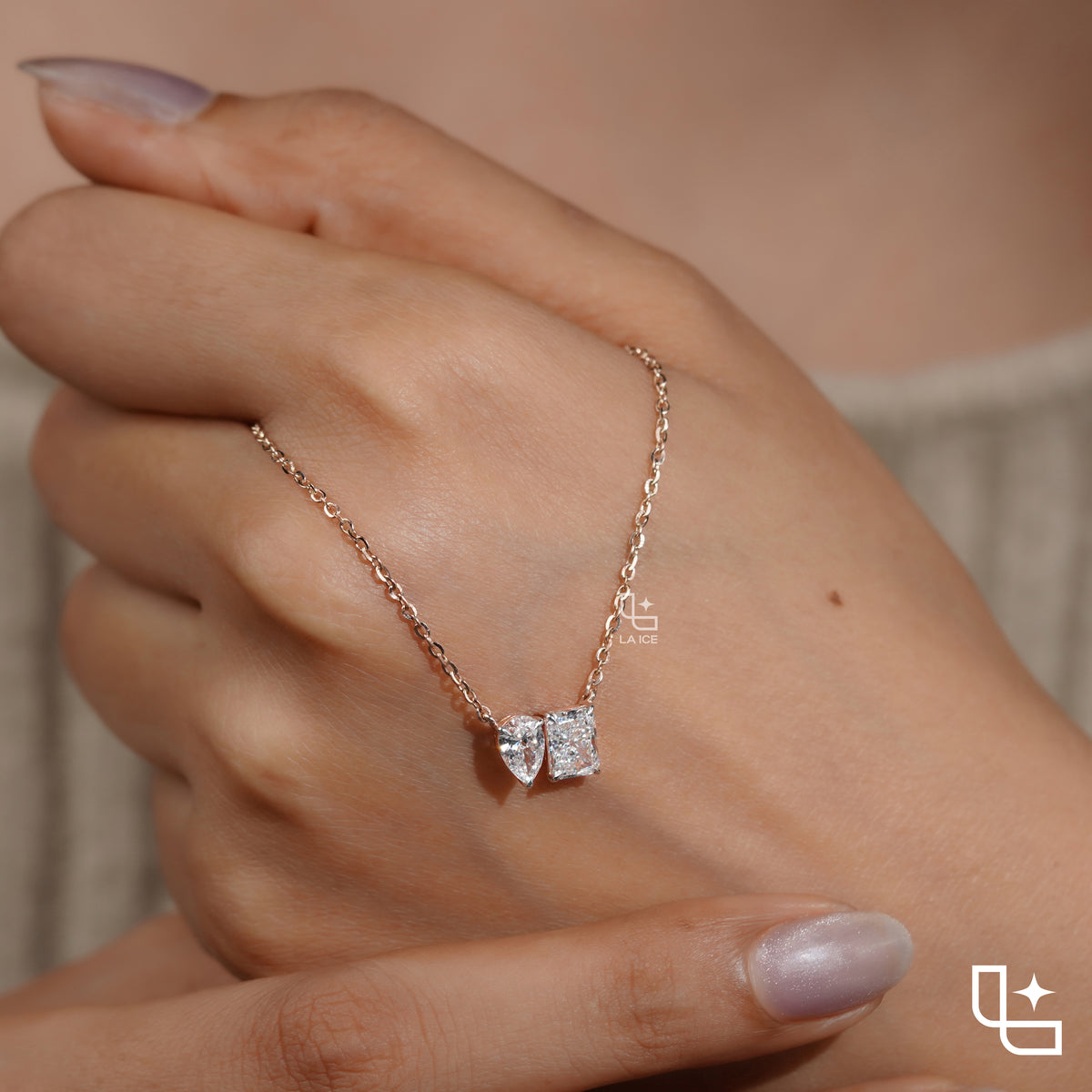 Pear & Radiant Diamond Pendant Necklace – Rose Gold Diamond Necklace | Modern Two-Stone Diamond Pendant for Women