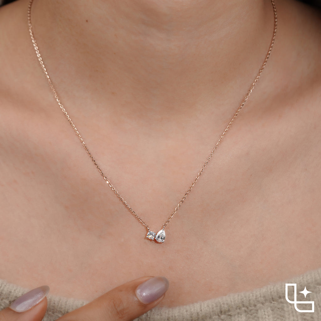 Two Stone Pear and Oval Pendant Necklace, Asymmetrical Minimalist Necklace