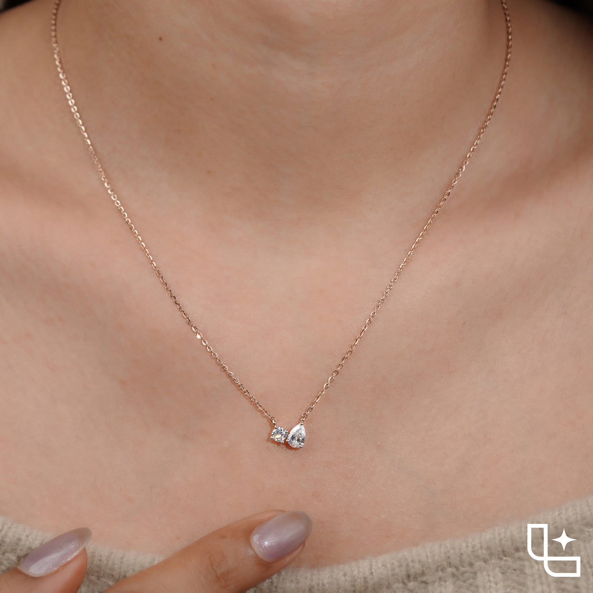 Two Stone Pear and Oval Pendant Necklace, Asymmetrical Minimalist Necklace