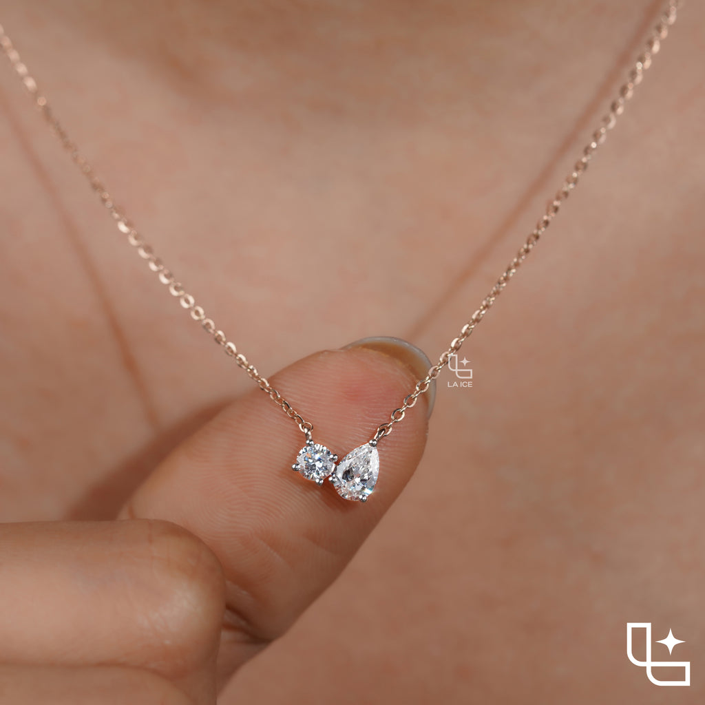 Two Stone Pear and Oval Pendant Necklace, Asymmetrical Minimalist Necklace