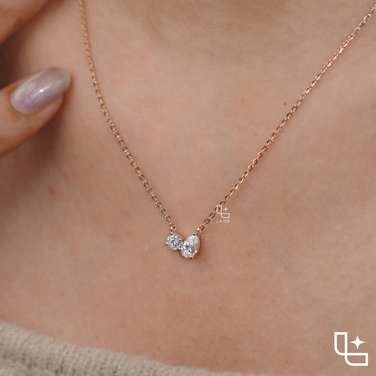 Two Stone Pear and Oval Pendant Necklace, Asymmetrical Minimalist Necklace