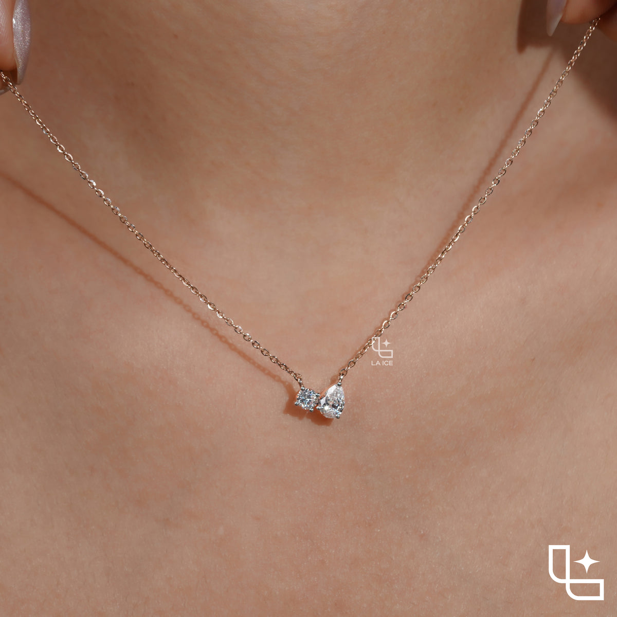 Two Stone Pear and Oval Pendant Necklace, Asymmetrical Minimalist Necklace