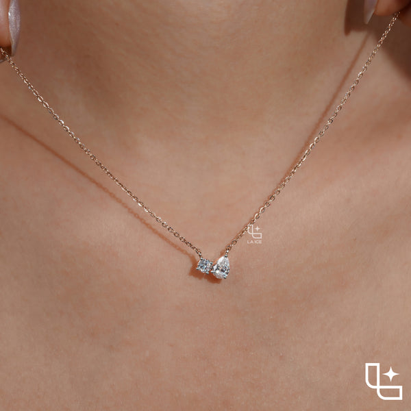 Two Stone Pear and Oval Pendant Necklace, Asymmetrical Minimalist Necklace
