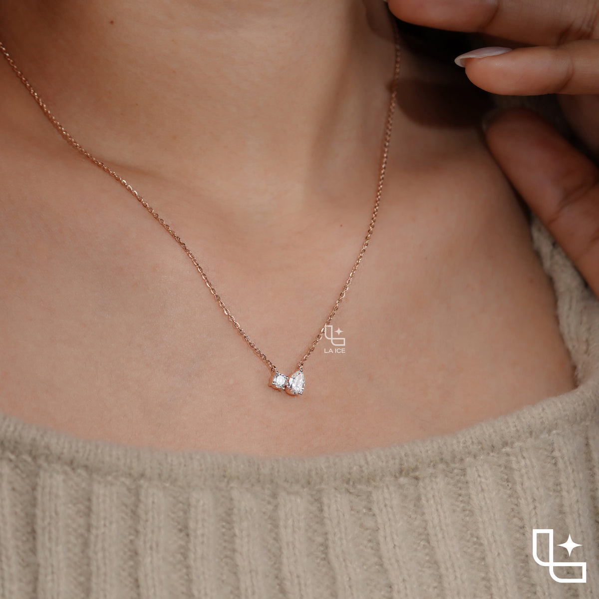 Two Stone Pear and Oval Pendant Necklace, Asymmetrical Minimalist Necklace