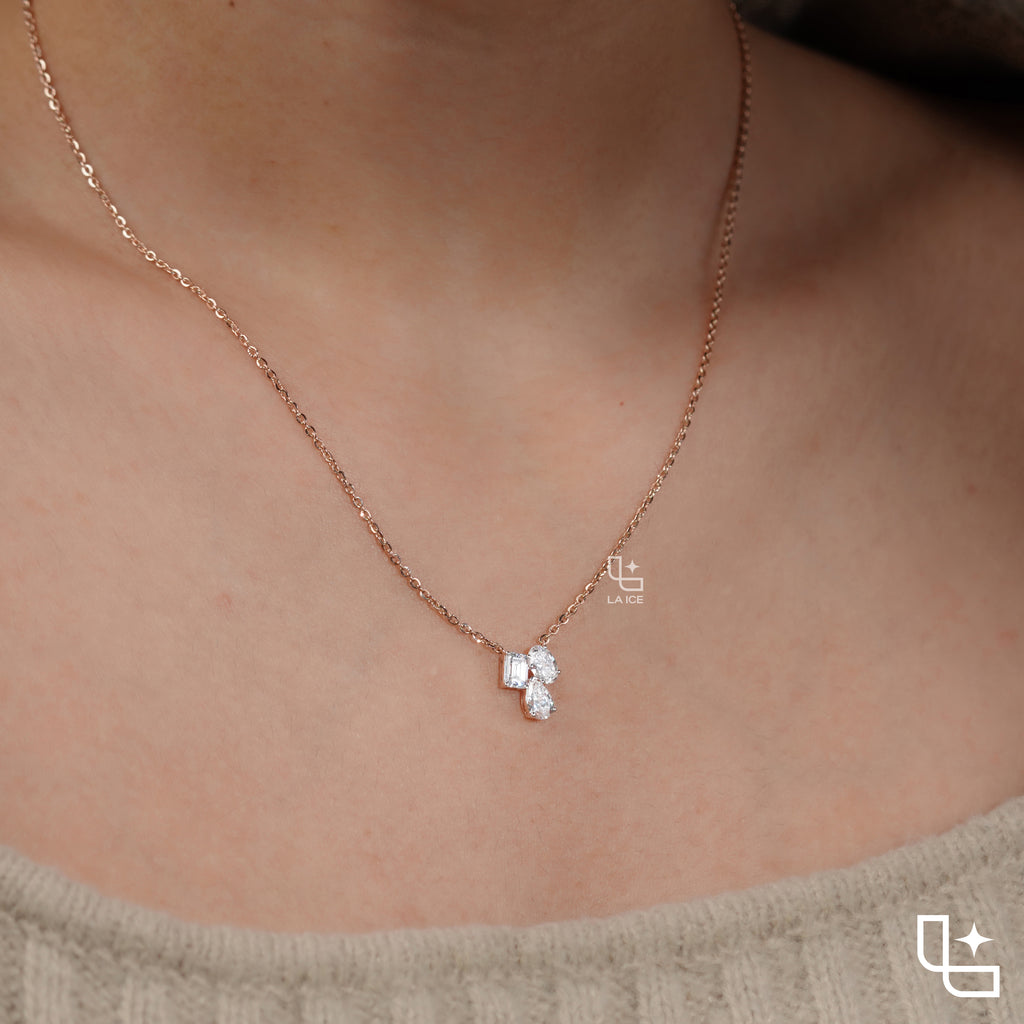 Multi Shape Diamond Cluster Pendant Necklace – Rose Gold Diamond Necklace | Emerald, Oval & Pear Diamond Pendant for Women
