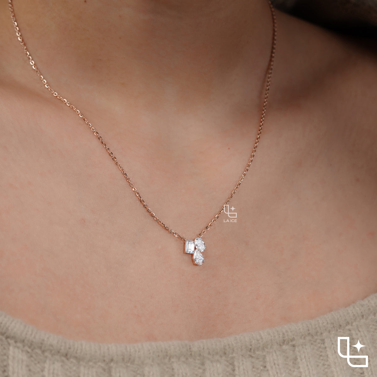 Multi Shape Diamond Cluster Pendant Necklace – Rose Gold Diamond Necklace | Emerald, Oval & Pear Diamond Pendant for Women