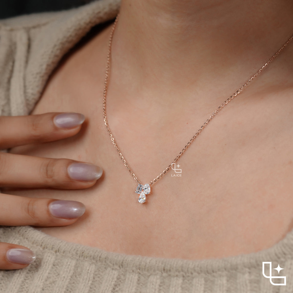 Multi Shape Diamond Cluster Pendant Necklace – Rose Gold Diamond Necklace | Emerald, Oval & Pear Diamond Pendant for Women