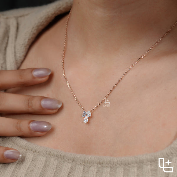 Multi Shape Diamond Cluster Pendant Necklace – Rose Gold Diamond Necklace | Emerald, Oval & Pear Diamond Pendant for Women
