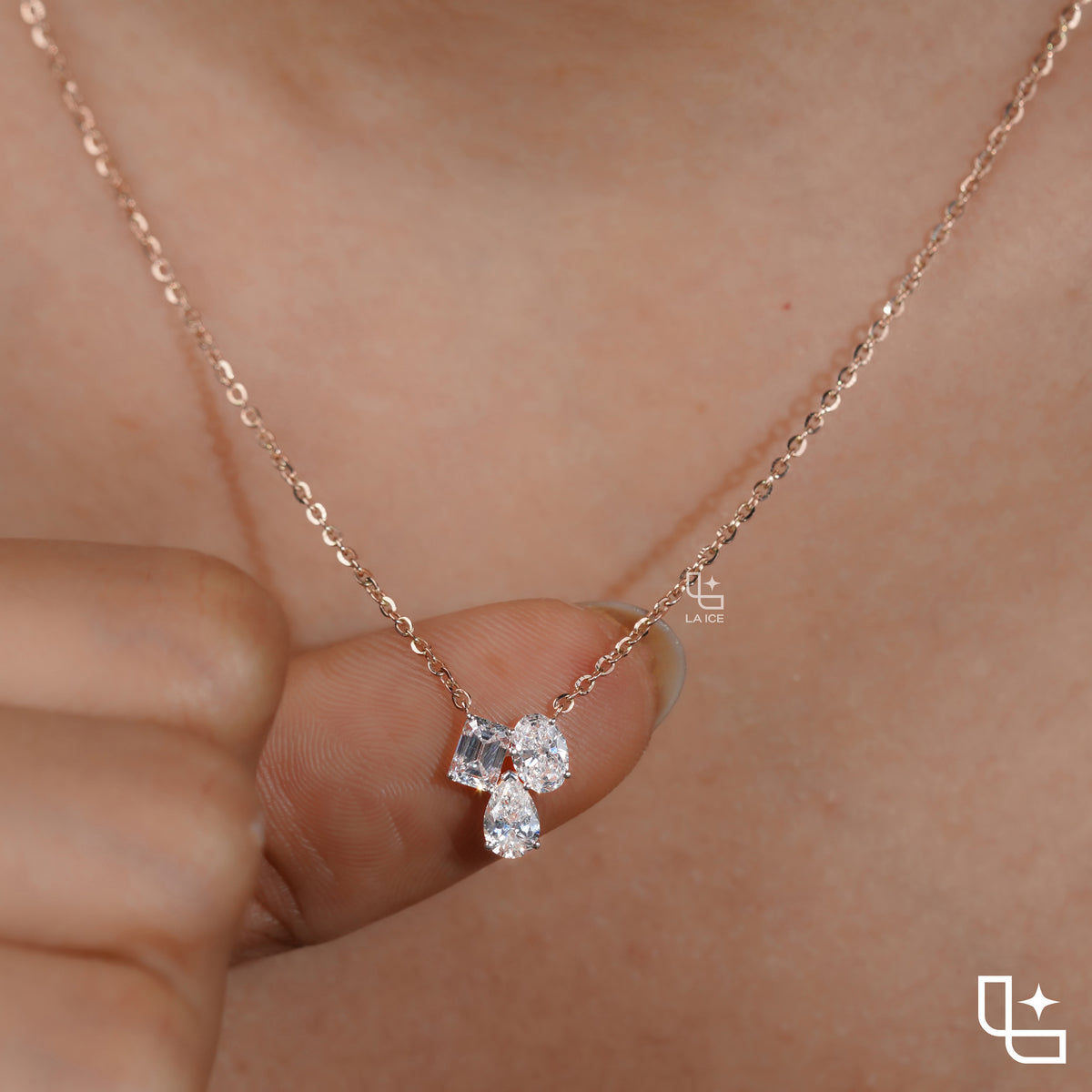Multi Shape Diamond Cluster Pendant Necklace – Rose Gold Diamond Necklace | Emerald, Oval & Pear Diamond Pendant for Women