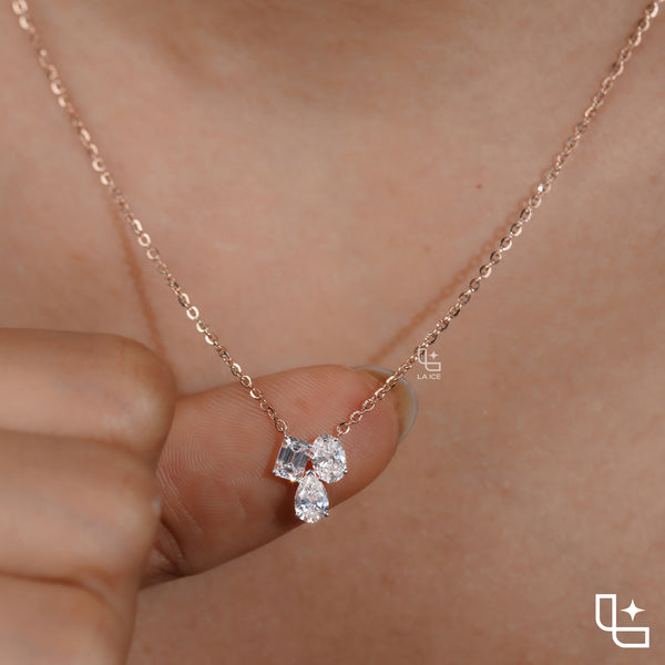 Multi Shape Diamond Cluster Pendant Necklace – Rose Gold Diamond Necklace | Emerald, Oval & Pear Diamond Pendant for Women