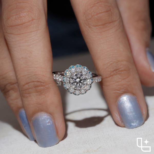 Round Halo Ring with Blue Accent Stones and Pavé Band – 2.20 CT Diamond Weight