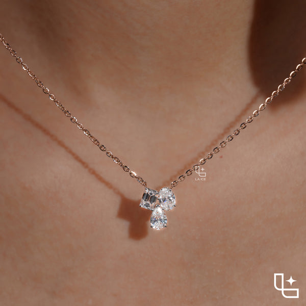 Multi Shape Diamond Cluster Pendant Necklace – Rose Gold Diamond Necklace | Emerald, Oval & Pear Diamond Pendant for Women