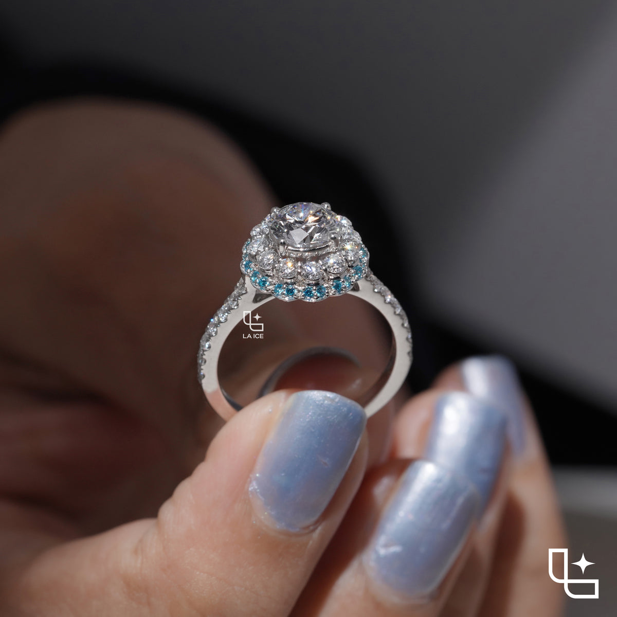 Round Cut Floral Halo Engagement Ring with Blue Accent Stones