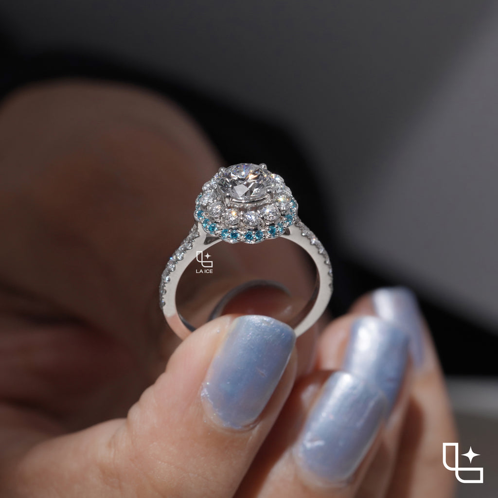 Round Halo Ring with Blue Accent Stones and Pavé Band – 2.20 CT Diamond Weight