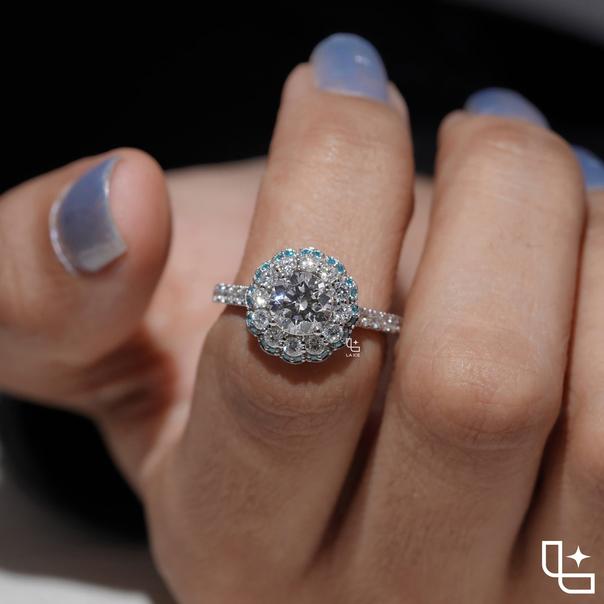 Round Halo Ring with Blue Accent Stones and Pavé Band – 2.20 CT Diamond Weight
