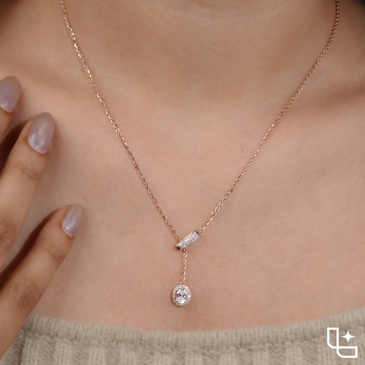 Round Halo Drop Diamond Necklace – Rose Gold Diamond Necklace | Elegant Halo Diamond Pendant for Women Main image