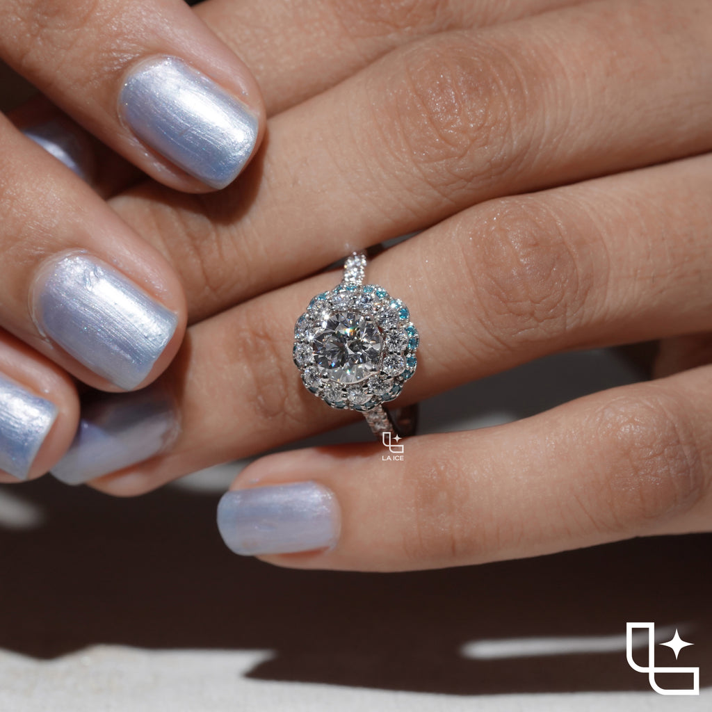 Round Halo Ring with Blue Accent Stones and Pavé Band – 2.20 CT Diamond Weight