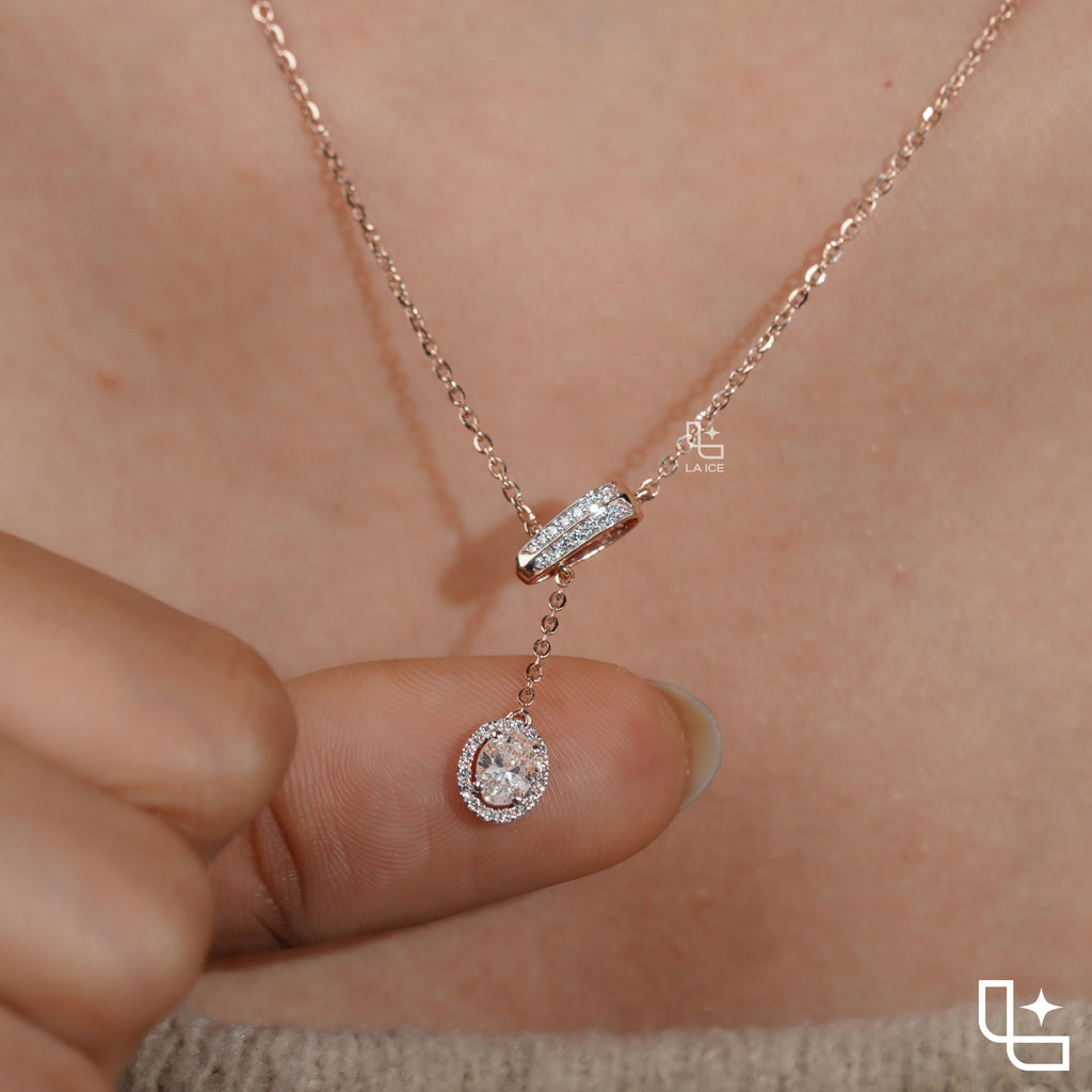 Round Halo Drop Diamond Necklace – Rose Gold Diamond Necklace | Elegant Halo Diamond Pendant for Women