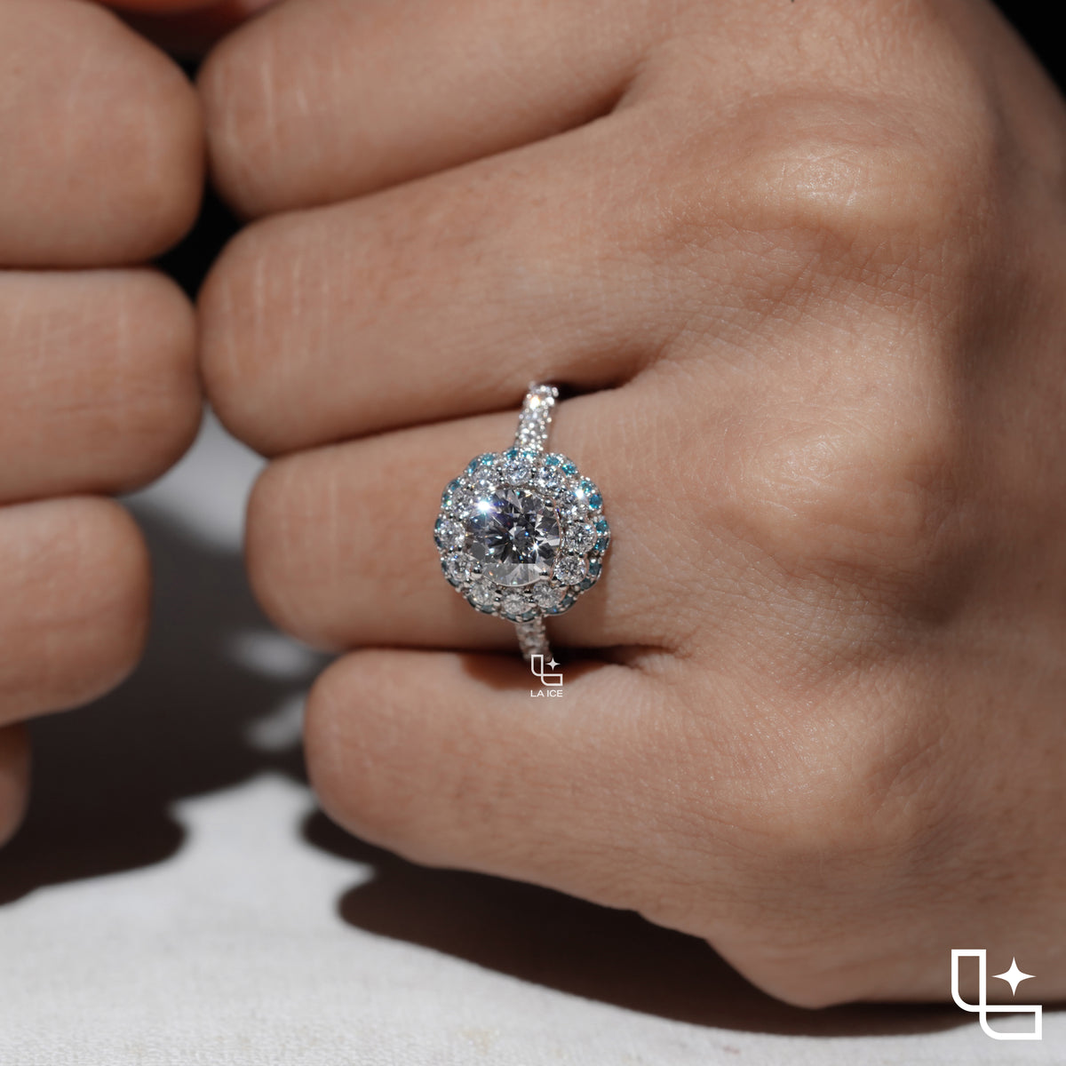 Round Halo Ring with Blue Accent Stones and Pavé Band – 2.20 CT Diamond Weight