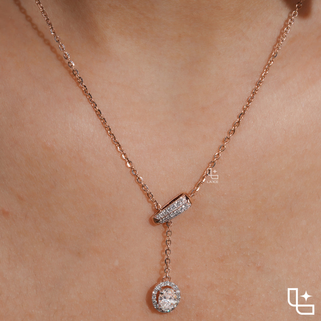 Round Halo Drop Diamond Necklace – Rose Gold Diamond Necklace | Elegant Halo Diamond Pendant for Women