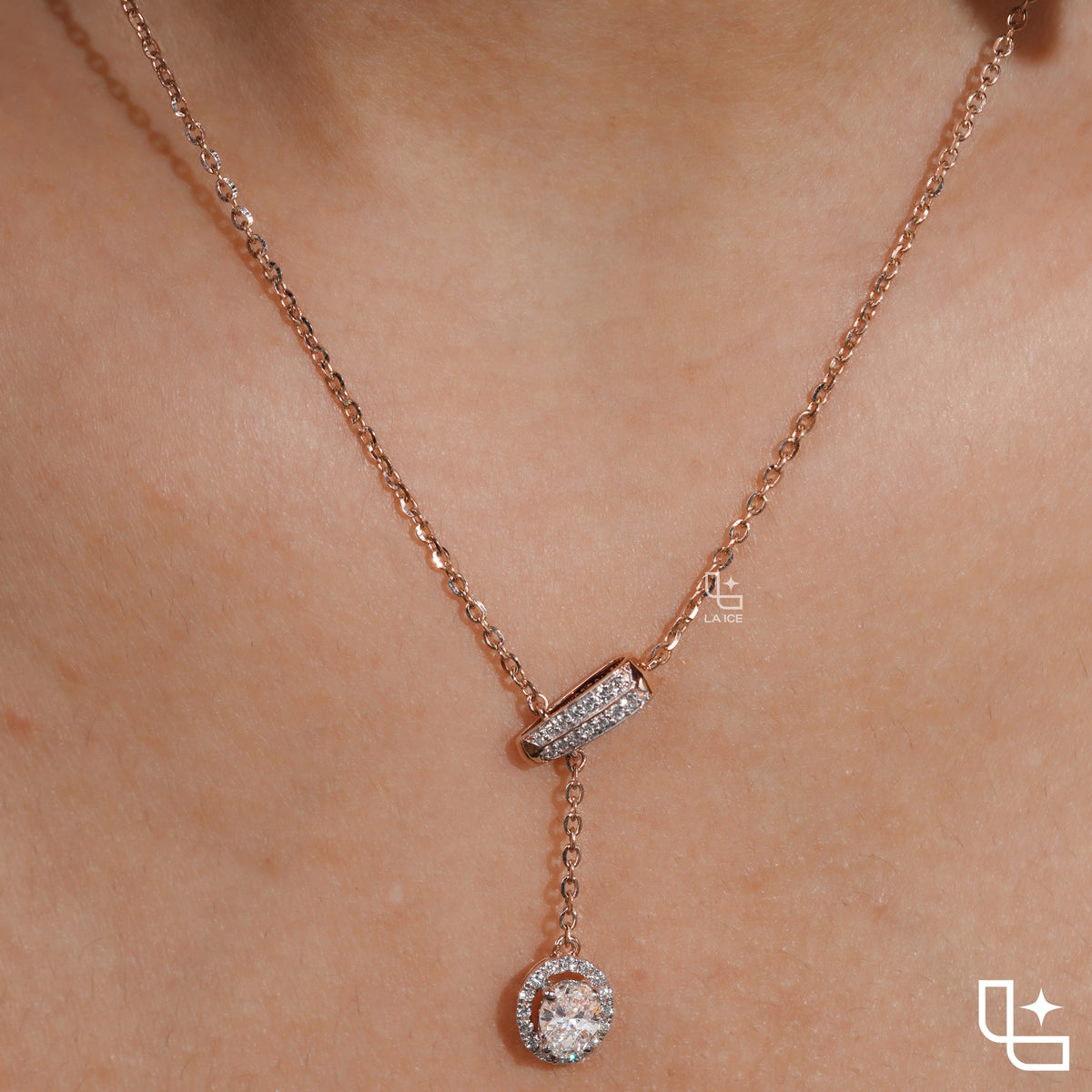 Round Halo Drop Diamond Necklace – Rose Gold Diamond Necklace | Elegant Halo Diamond Pendant for Women