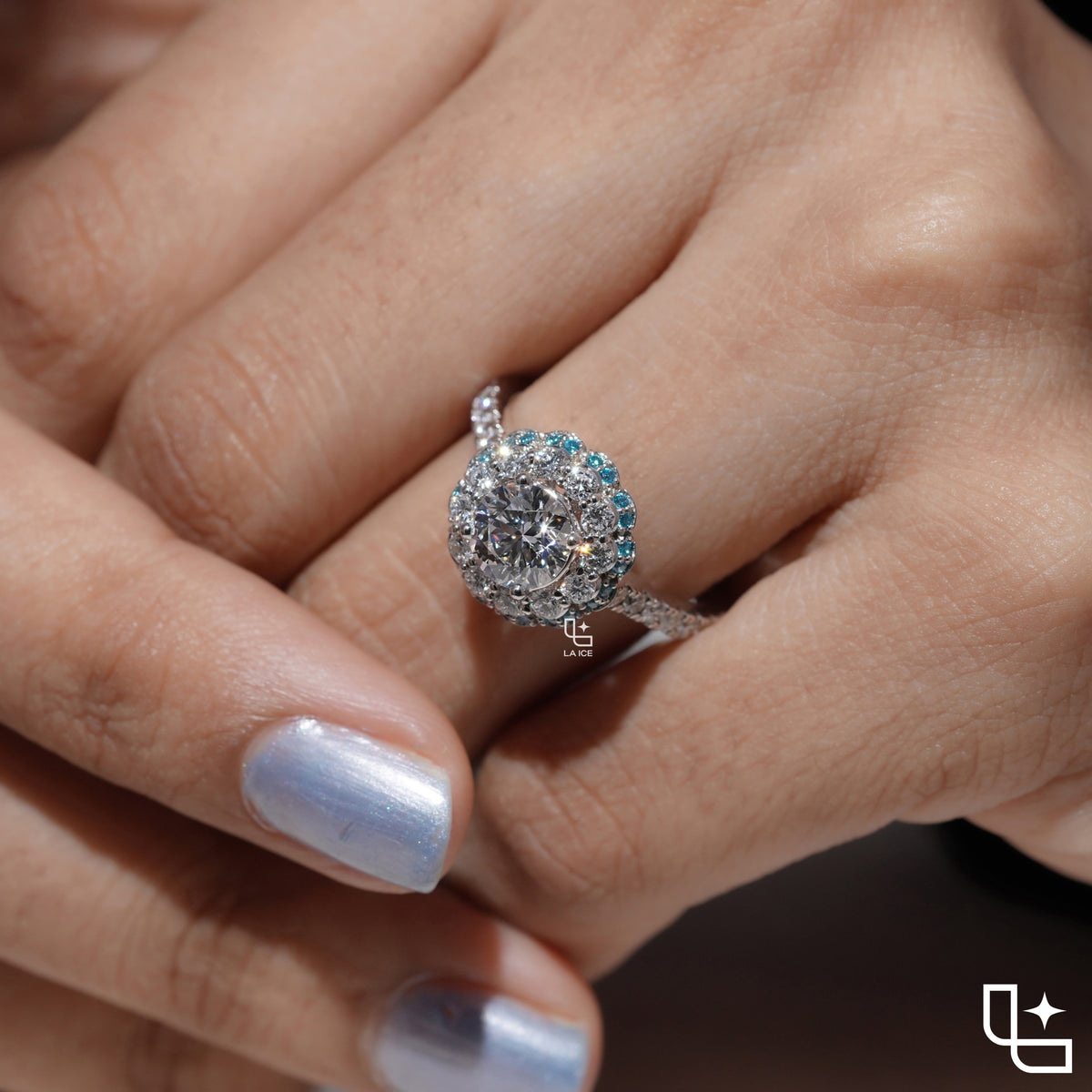 Round Cut Floral Halo Engagement Ring with Blue Accent Stones